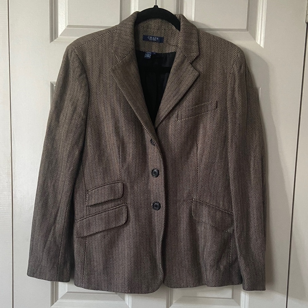 CHAPS Brown Tan Herringbone Blazer Jacket Single Breasted Size 12